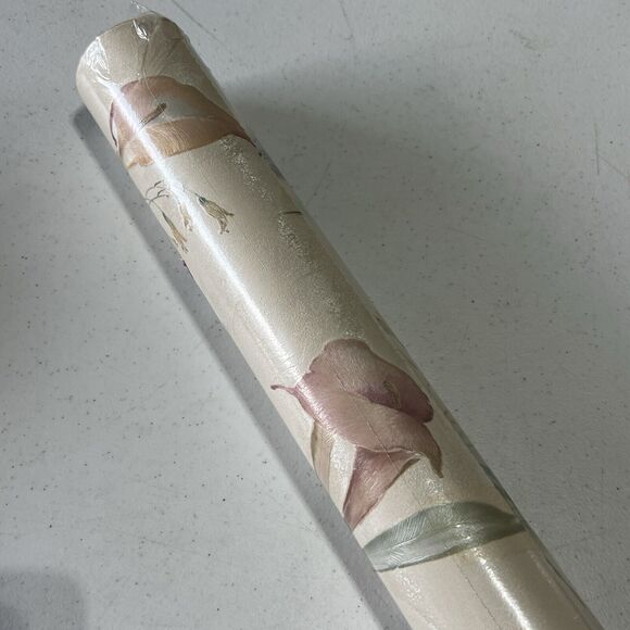 Roll of Vtg Peach Pink Floral Calla Lily Wallpaper Luxury Vinyl 90s Pearl Sheen - Picture 1 of 15